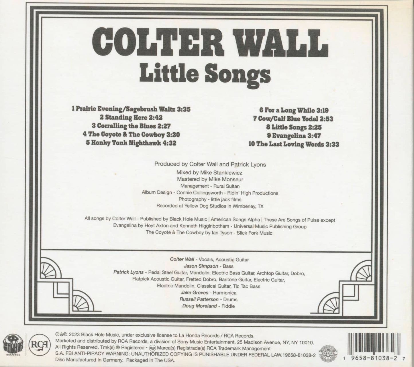 LP Vinyl Record! Used, Like new! Colter Wall 'Little Songs'